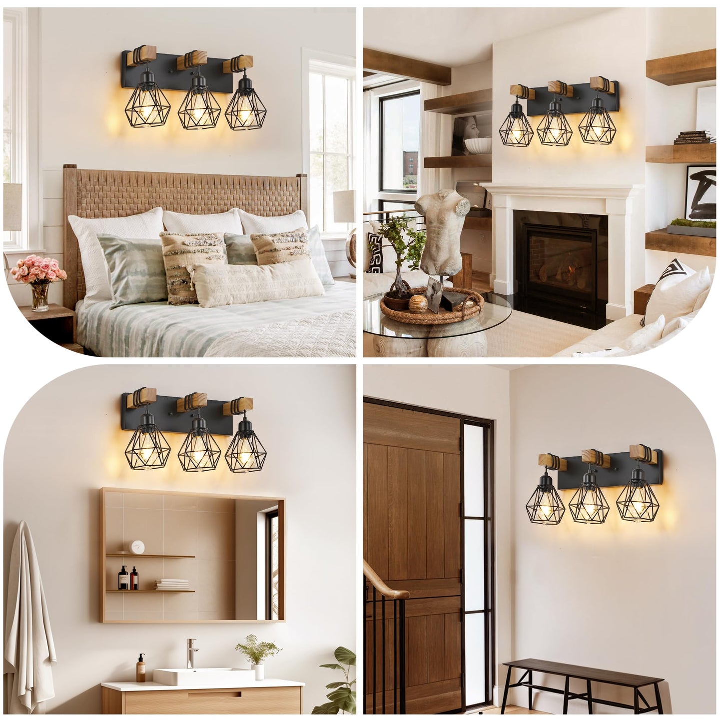 Farmhouse Vanity Light for Bathroom, 3-Light Wood Bathroom Vanity Light Fixtures Over Mirror, Black Rustic Sconces Wall Lighting with Metal Lampshade for Living Room, Bedroom, Hallway