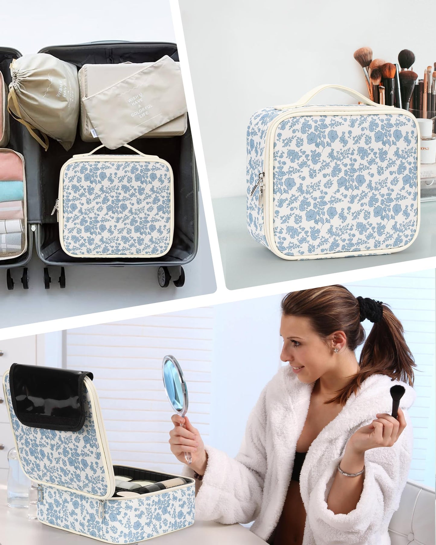 Relavel Travel Makeup Case, Professional Makeup Artist Makeup Bag, Portable Makeup Train Case Organizer with Adjustable Dividers, Cute Cosmetic Bags Birthday Gifts for Girls and Women, Floral Print