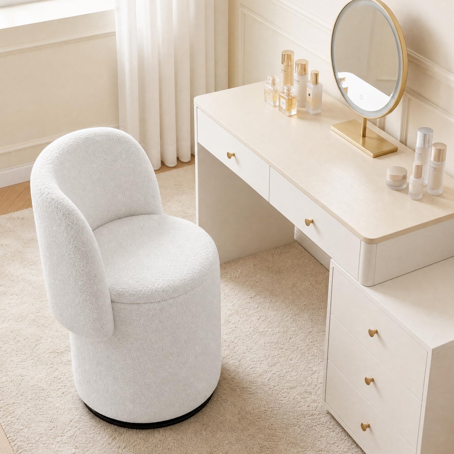 WOCFYK Swivel Vanity Chair with Storage and Matching Cat Bed Stool, 360 Degree Upholstered Barrel Chair, Teddy Fleece Makeup Chair with Back for Bedroom, Vanity Room, Dining Room, White Teddy Fleece
