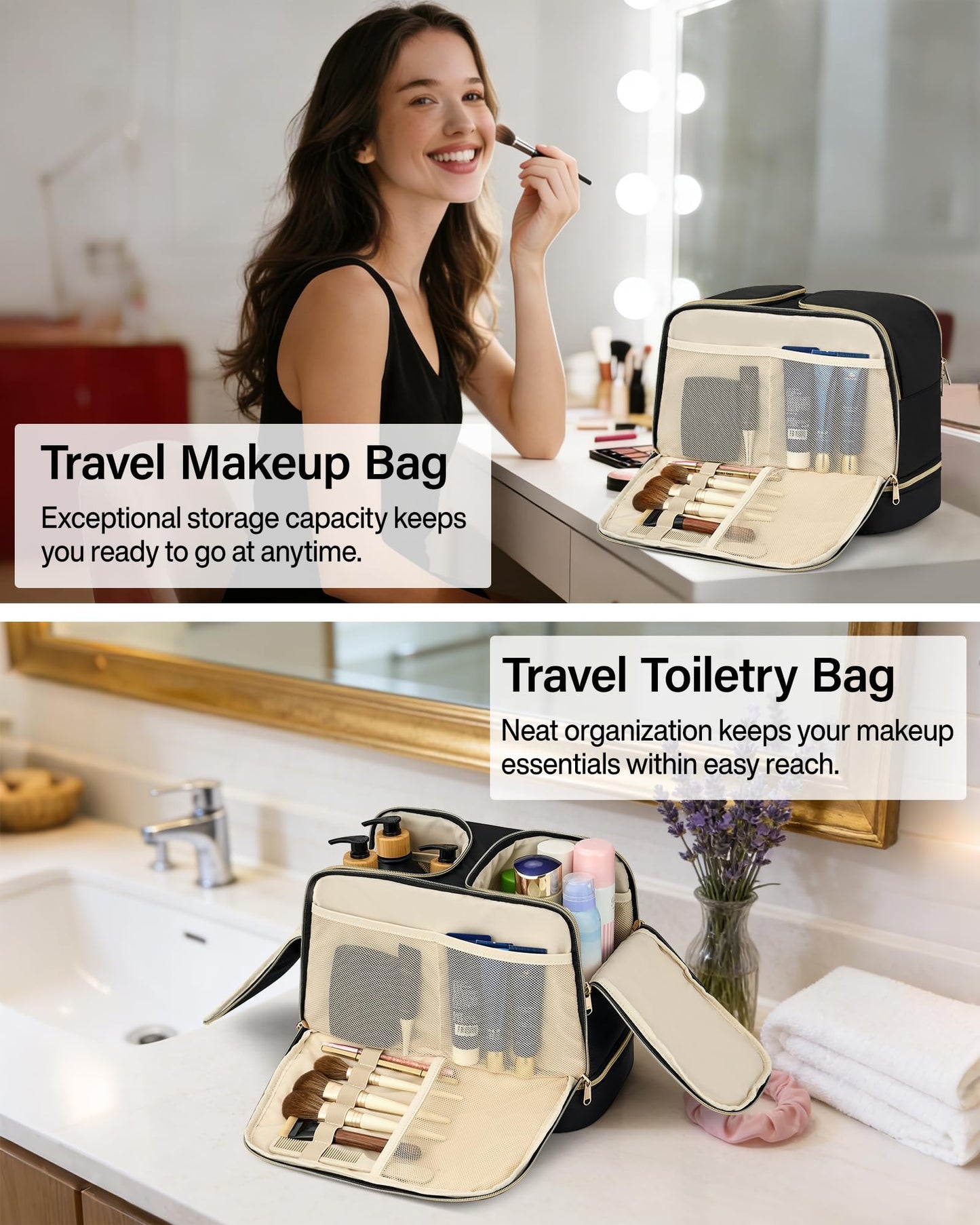 Hanke Travel Toiletry Bag, Lightweight Wide-open Large Toiletry Bags for Women, Dual-Layer Makeup Bag Water-Resistant Cosmetic Travel Bag with Handle for Accessories, Essentials, Black