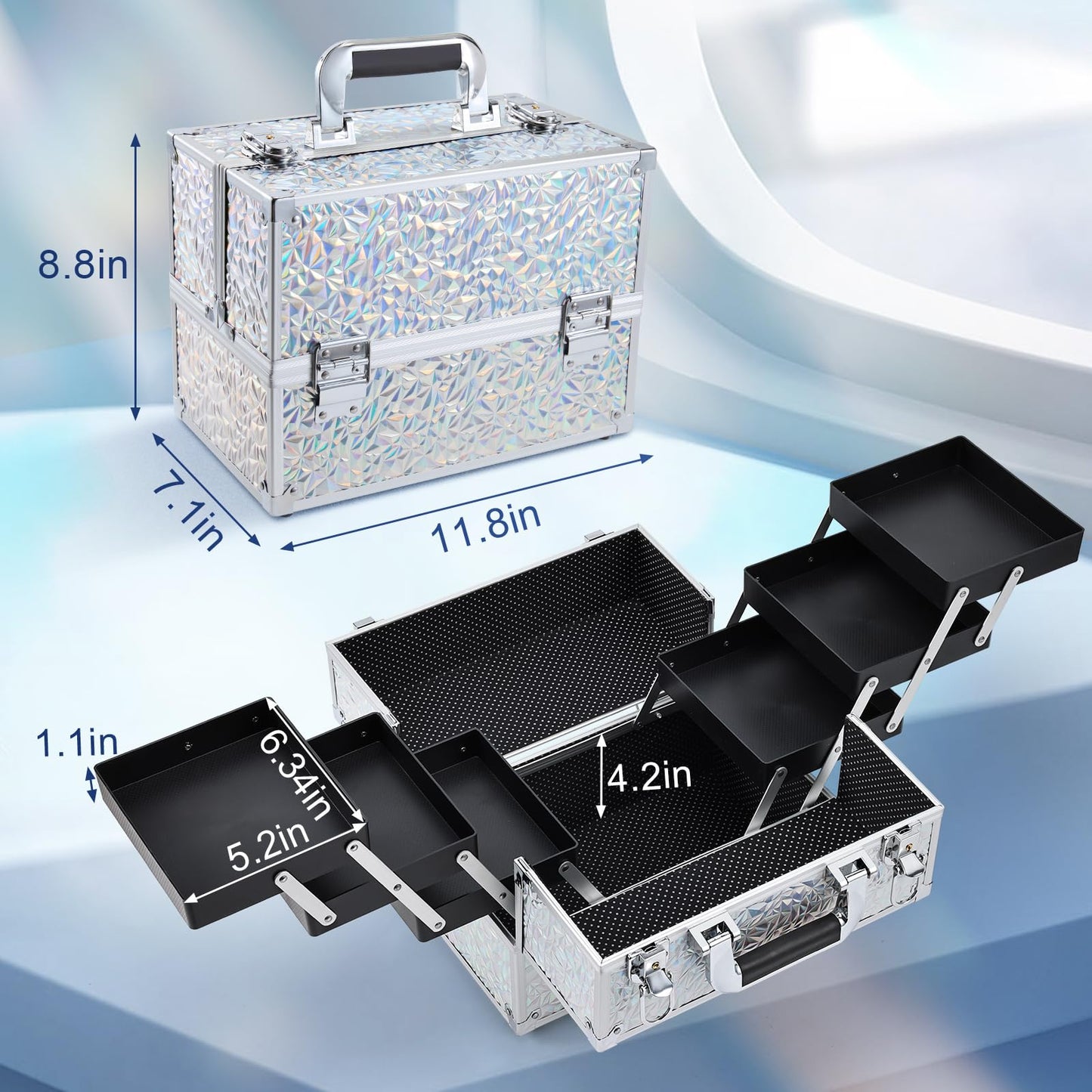FRENESSA Makeup Case Cosmetic Train Case Organizer 11.8 Inch Large Makeup Box Travel Storage Make Up Train Carrying Case with 6 Trays Locking Hard Vanity Storage Glitter Silver