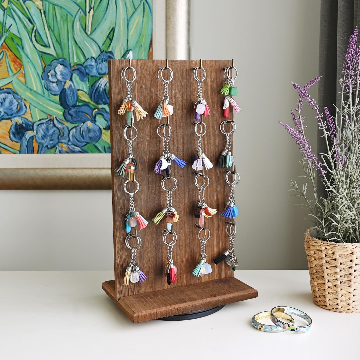 MOOCA Wooden Rotating Two-Sided Jewelry Display Stand, Rotating Organizer with 32 Long Hooks for Store, Keychain Earring Display, Brown color, 9.1W x 7.5 D x 17.1 H in