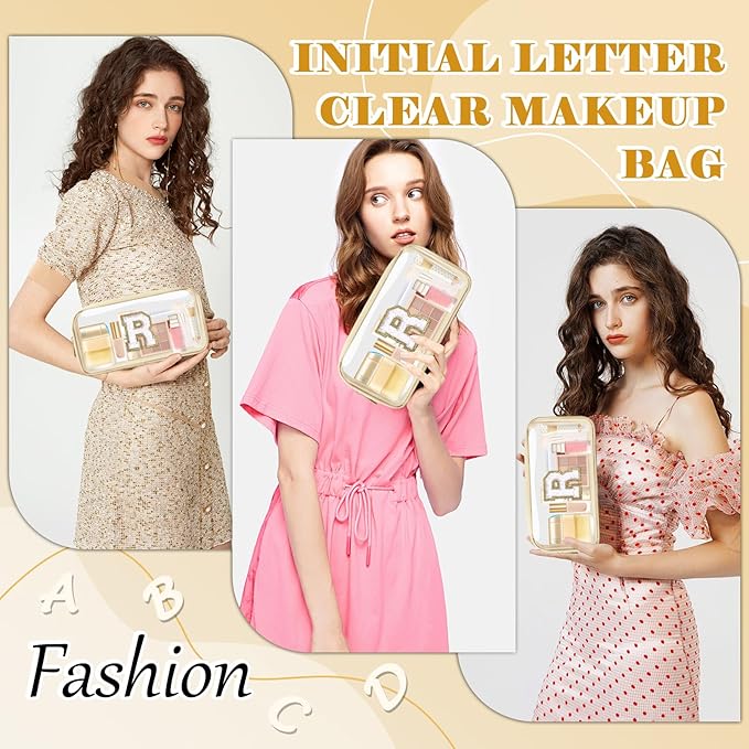 Personalized Initial Letter Clear Makeup Bag,Preppy Small Nylon&PVC Cosmetic Zipper Bag with Chenille Letter,Portable Beach Travel Skincare Toiletry Bag,Trendy Monogram Gift for Teen Girls Women,R