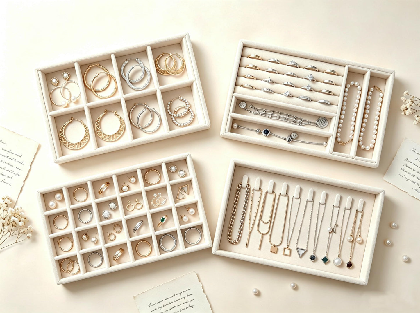 Velvet Jewelry Drawer Organizer Trays, 4 Pack Stackable Jewelry Storage Inserts Set, Beige Jewelry Tray Set with Removable Dividers for Earrings, Necklaces, Rings, Bracelets for Vanity & Dresser