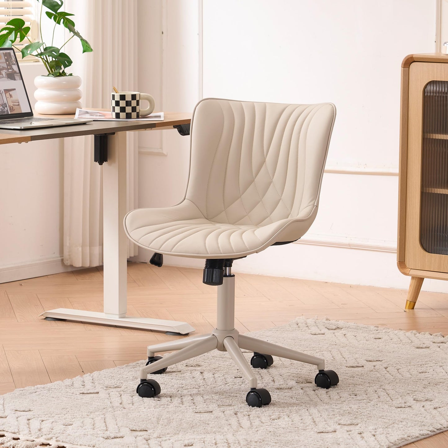 YOUTASTE All Cream Office Chair, Modern Armless Desk Chair with Back, Adjustable Swivel Rolling Faux Leather Task Chair with Wheels Metal Base for Home Office, Study, or Vanity