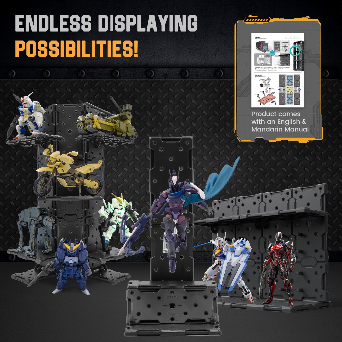 SPARKSTOY Modular Hangar Display Base for Model Kits | Pegboard-Style Diorama Panel System with 90°/135° Connectors, Customizable Assembly for Figures, Accessories & Scale Mecha (Gray)