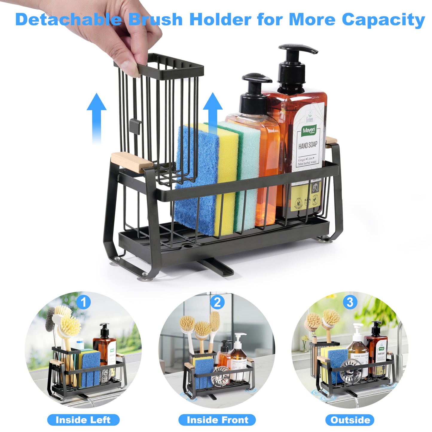 Ouletoy Sponge Holder for Kitchen Sink Organizer, Stainless Steel Sink Caddy Suction Cup with Dish Brush Holder, Rustproof Drying Rack, Sponge Caddy and Dish Soap Organizer for Kitchen Countertop