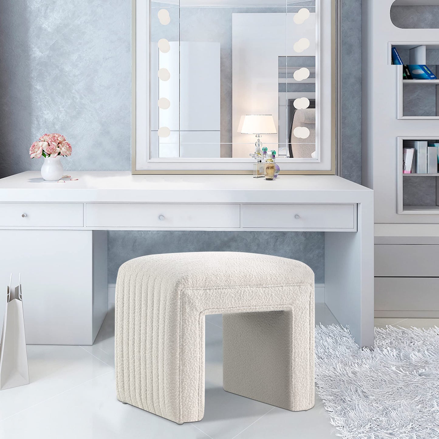 Get Set Style Vanity Stool Chair,Modern Tusk Bloom Ottoman Foot Stool with Wooden Legs Sofa Bench Footstool Extra Seat for Vanity,Makeup Room,Living Room(Fully Assembled)