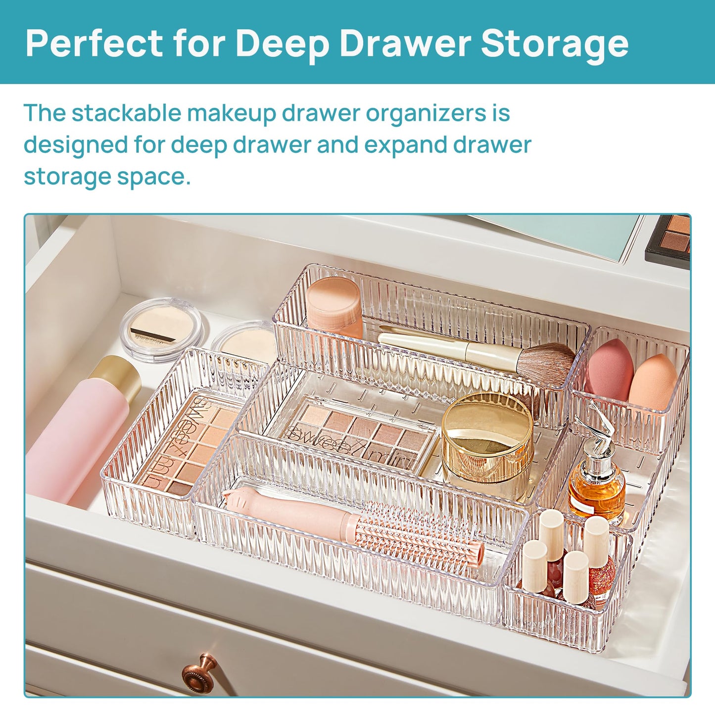 Vtopmart 7 PCS Clear Makeup Drawer Organizers Bins, 4-Size Stackable Makeup and Vanity Organizer Trays, Acrylic Bathroom Storage Containers for Cosmetic, Toiletries, Office Supply, Utensils, Gadgets