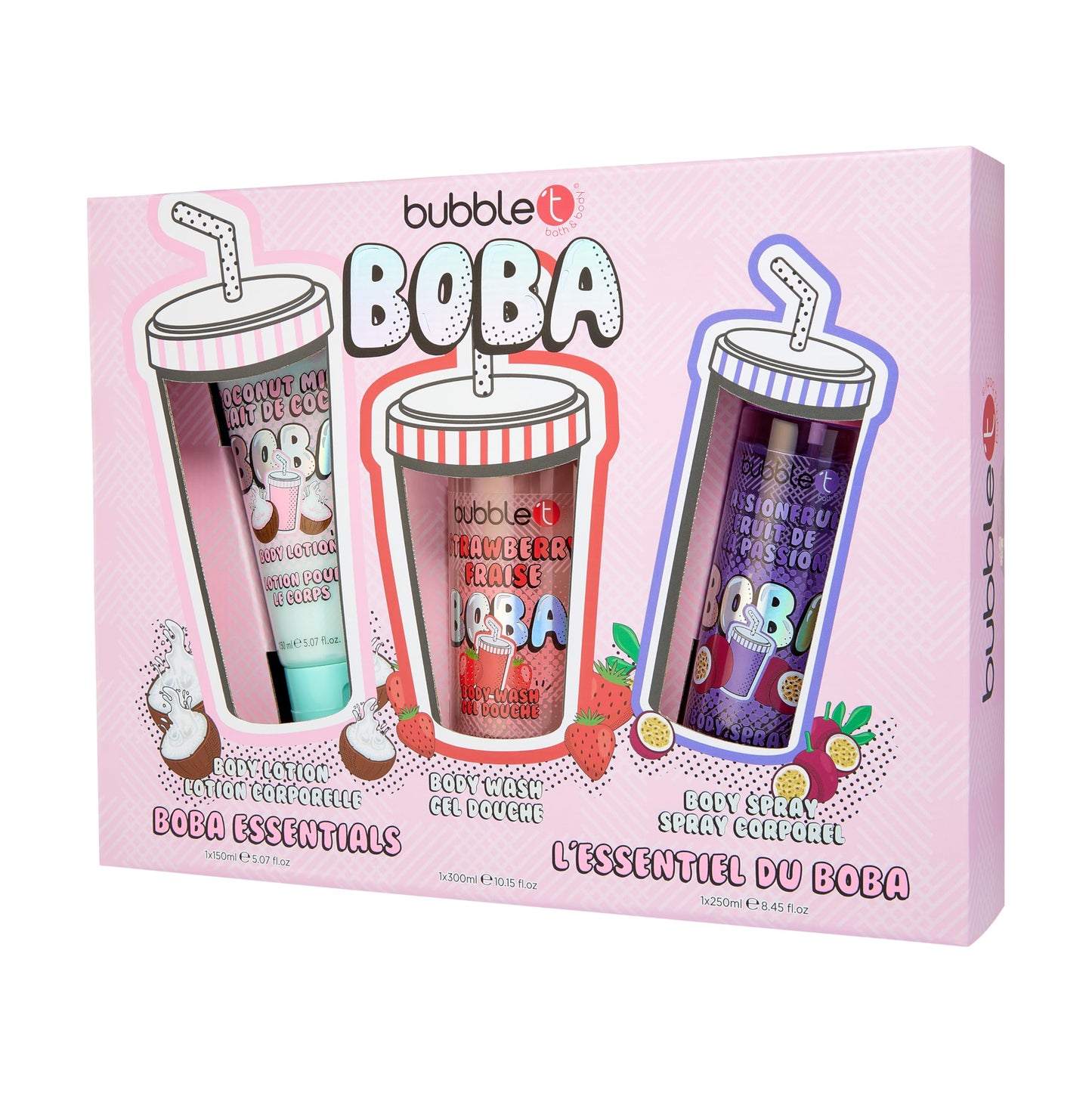 Bubble T Cosmetics Essentials Bath and Body Set, Coconut Milk Body Lotion, Strawberry Body Wash, Passion Fruit Body Spray, 3 Piece Gift Set