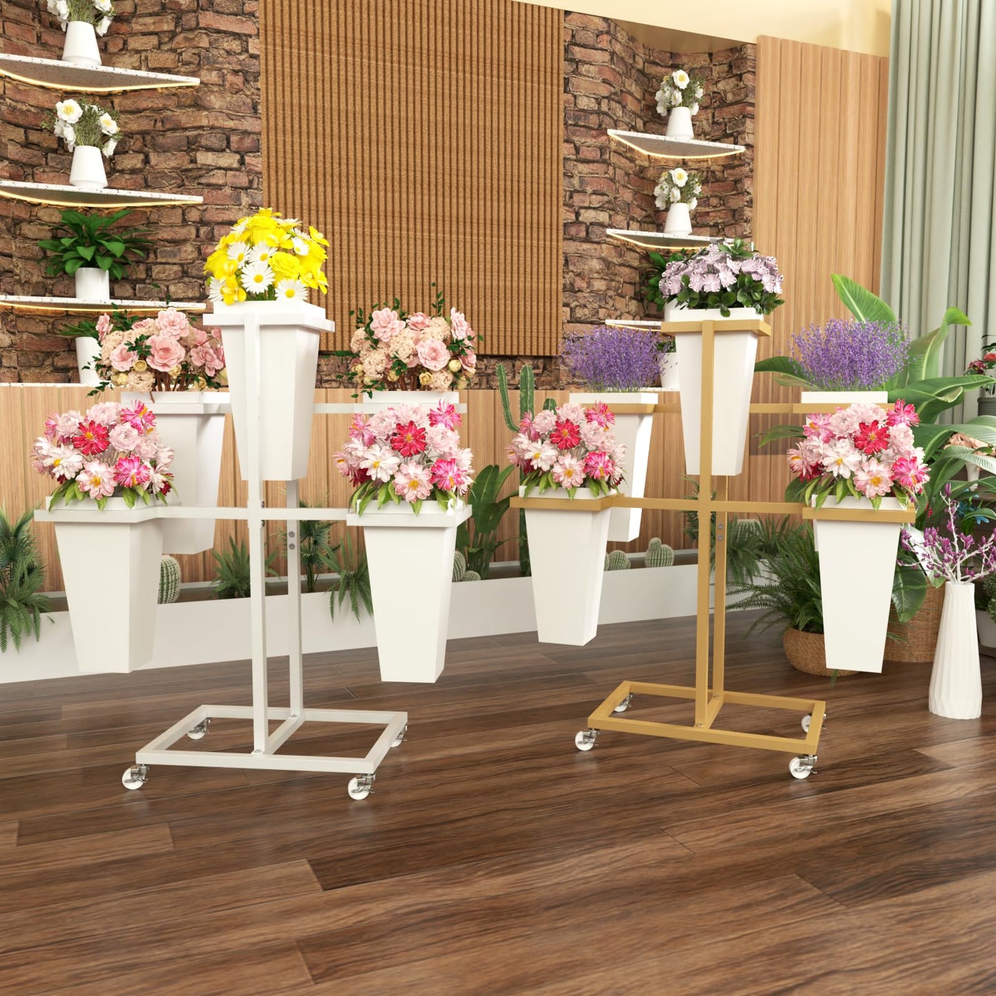 MILEFA Flower bar Stand with Buckets, Moving Flower Display Stand with Wheels, Metal Flower Cart for Bridal Shower, Wedding, Party, Garden, Gold