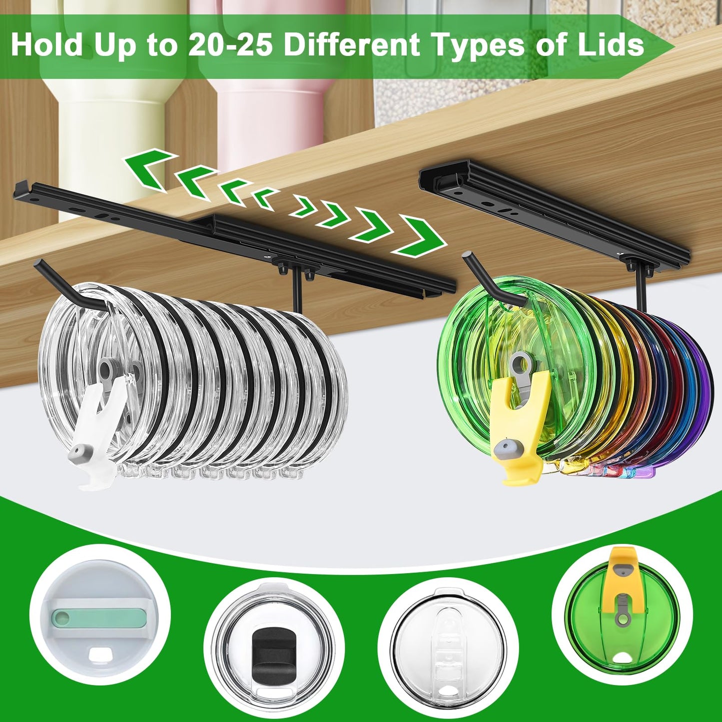 UNIKEYBOX 2 Packs Telescoping Slides Tumbler Lid Organizer Inside Cabinet, Muti Kitchen Hanger for Cup Lid Holder, Drilling Installation for Kitchen Storage Cup Lid Storage Organizer Black