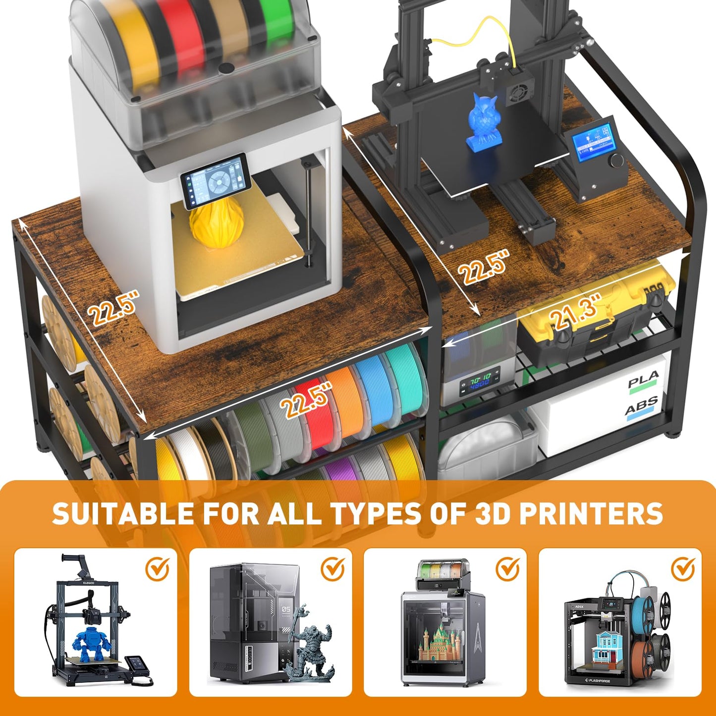 ikkle 3D Printer Table with Filament Storage Rack, Heavy Duty 3D Printer Stand with Power Outlet, 4-Tier 3D Print Desk & Filament Organized for Home Offices, Workshop, Studio (Brown)