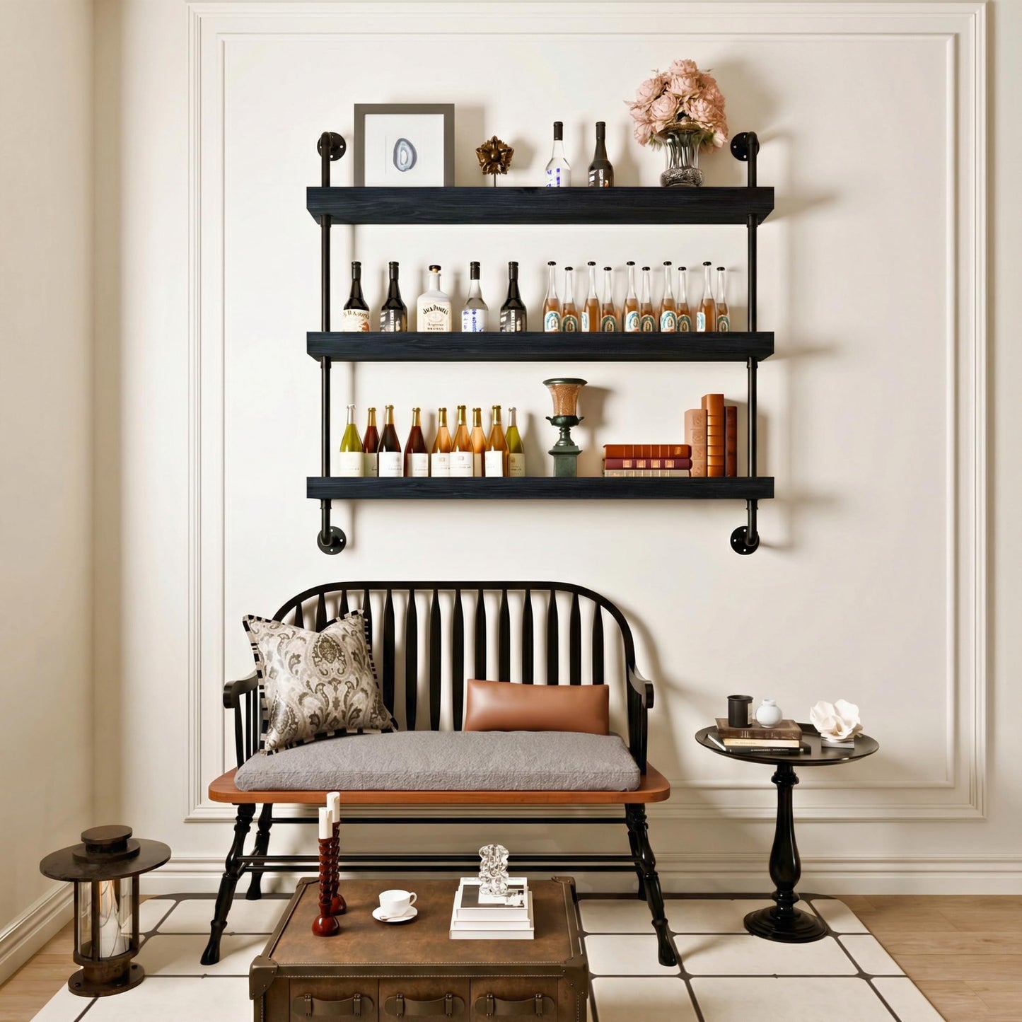 Anynice Industrial Wine Rack Wall Mounted, Solid Wood Shelf with Metal Pipe Brackets, 3-Tier Rustic Hanging Organizer for Wine Bottle Storage in Kitchen, Bar, Pub, Cellar(Black, 48 Inch)