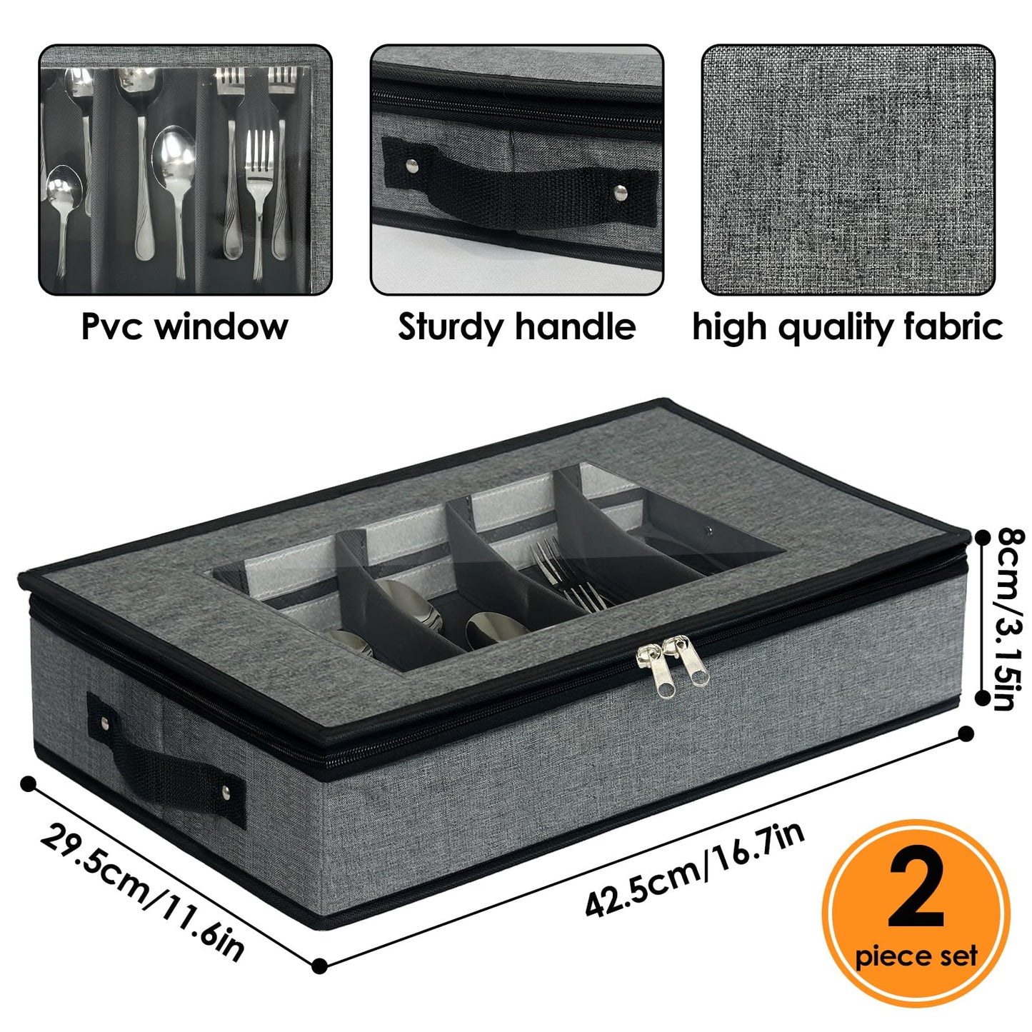 VERONLY 2 Pack Flatware Utensil Storage - Sturdy Silverware Storage Box with Dividers, 5 Compartment Flatware Storage Case with Handles and Removable Lid for Moving&Protected(Dark Gray)