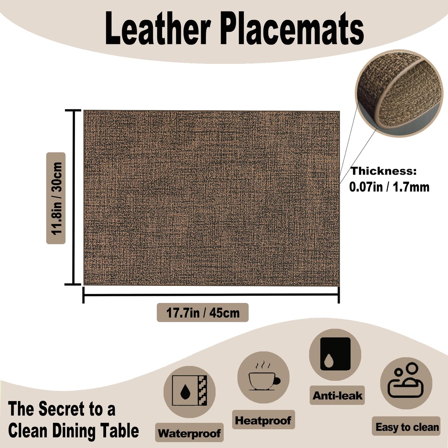 SHUFGY Faux Leather Placemats Set of 6, 11.8"x17.7" Reversible Table Mats - Waterproof, Stain & Heat Resistant, Easy Clean for Dining, Gatherings, Outdoor (Brown)