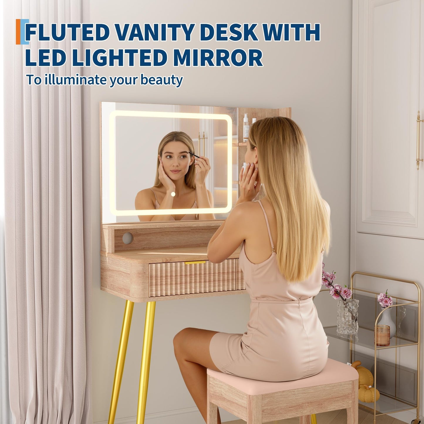 Garvee Makeup Vanity Desk with Mirror and Lights, Fluted Design, 31 in Small Storage Cabinet & 2 Drawers, 3 Lighting Modes, Stylish Dressing Table for Bedroom