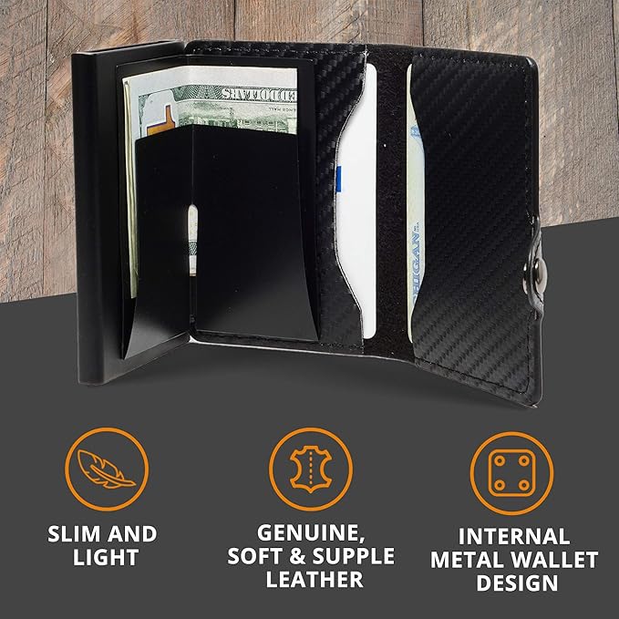 Card Blocr Pop Up Credit Card Wallet, RFID Blocking Credit Card Holder for men, Cool Wallets for Men in Carbon Wallet Design, Compact Card Holder Wallet for Secure Storage (Black PU Carbon Fiber)