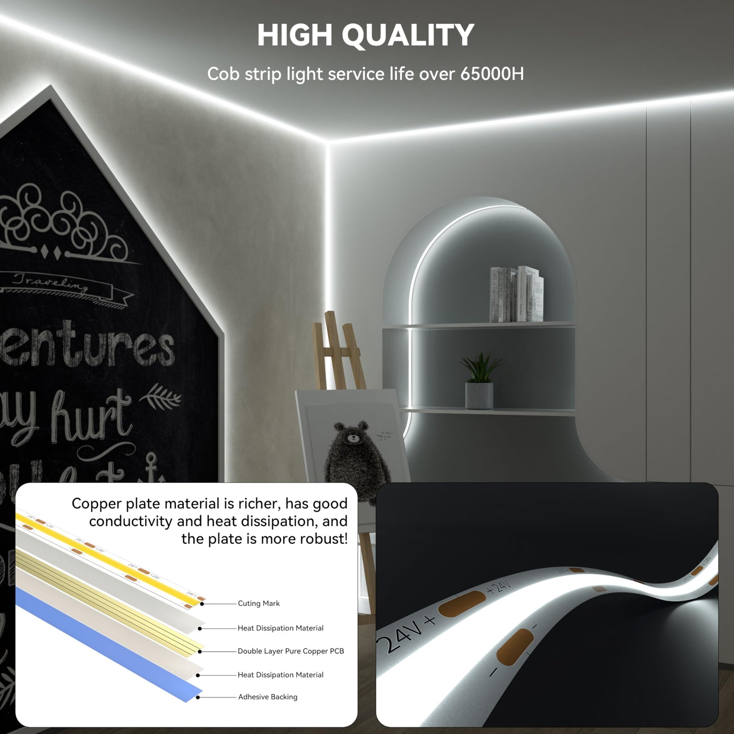 PAUTIX COB LED Strip,Dimmable Vanity Lights,Daylight White 6000K Super Brighten LED Tape Lights,CRI93+ High Lumen,Compatible with Alexa/Google Assistant,for Home, Kitchen,Under Cabinet