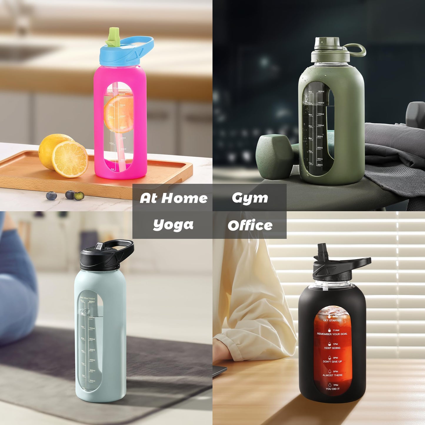 CIVAGO 32 oz Glass Water Bottle with Straw and Handle, Large Sports Motivational Water Bottle Flask with Time Marker and 2 Lids, Leakproof Water Jug Canteen with Silicone Sleeve for Gym, Black