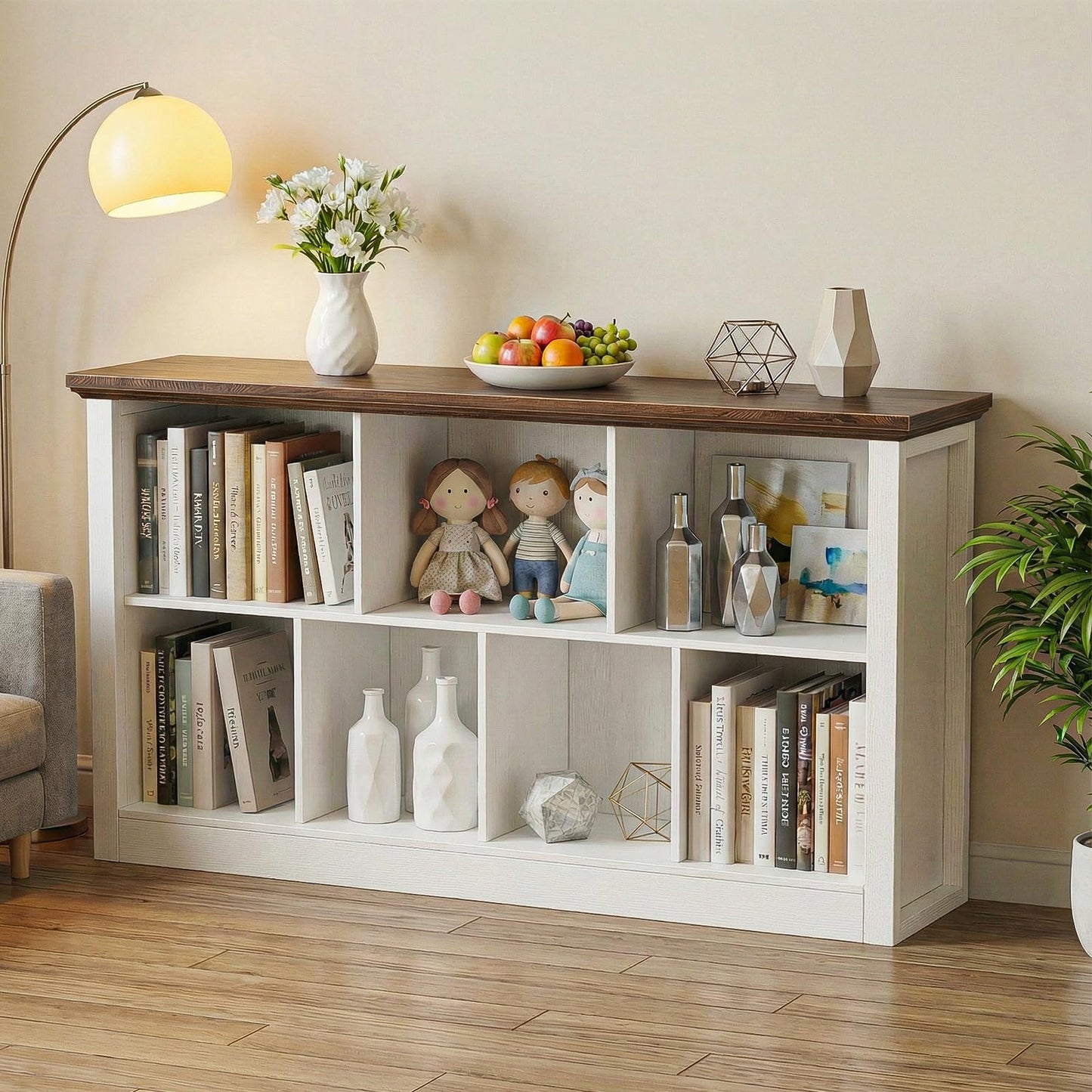 Unikito Cube Storage Organizer Bookcase with Base, Modern Wooden 2 Tiers Low Horizontal Bookshelf for Home and Office, Warm White and Brown