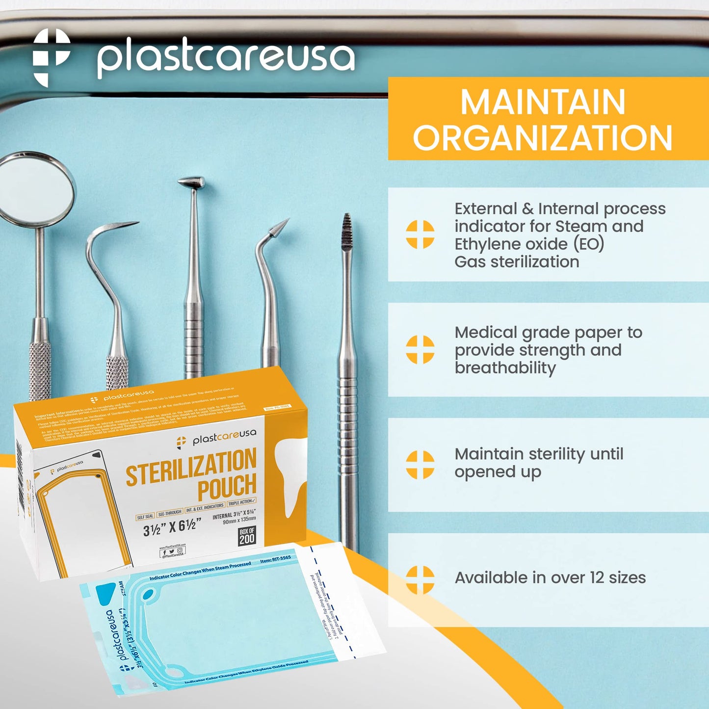 200 3.5 X 5.25 Self Sealing Sterilization Pouches - Autoclave Sterilizer Bags Pouch for Sterilizing Dental Medical Instruments & Cleaning Tools - Latex-Free, Color Changing Indicator by PlastCare USA