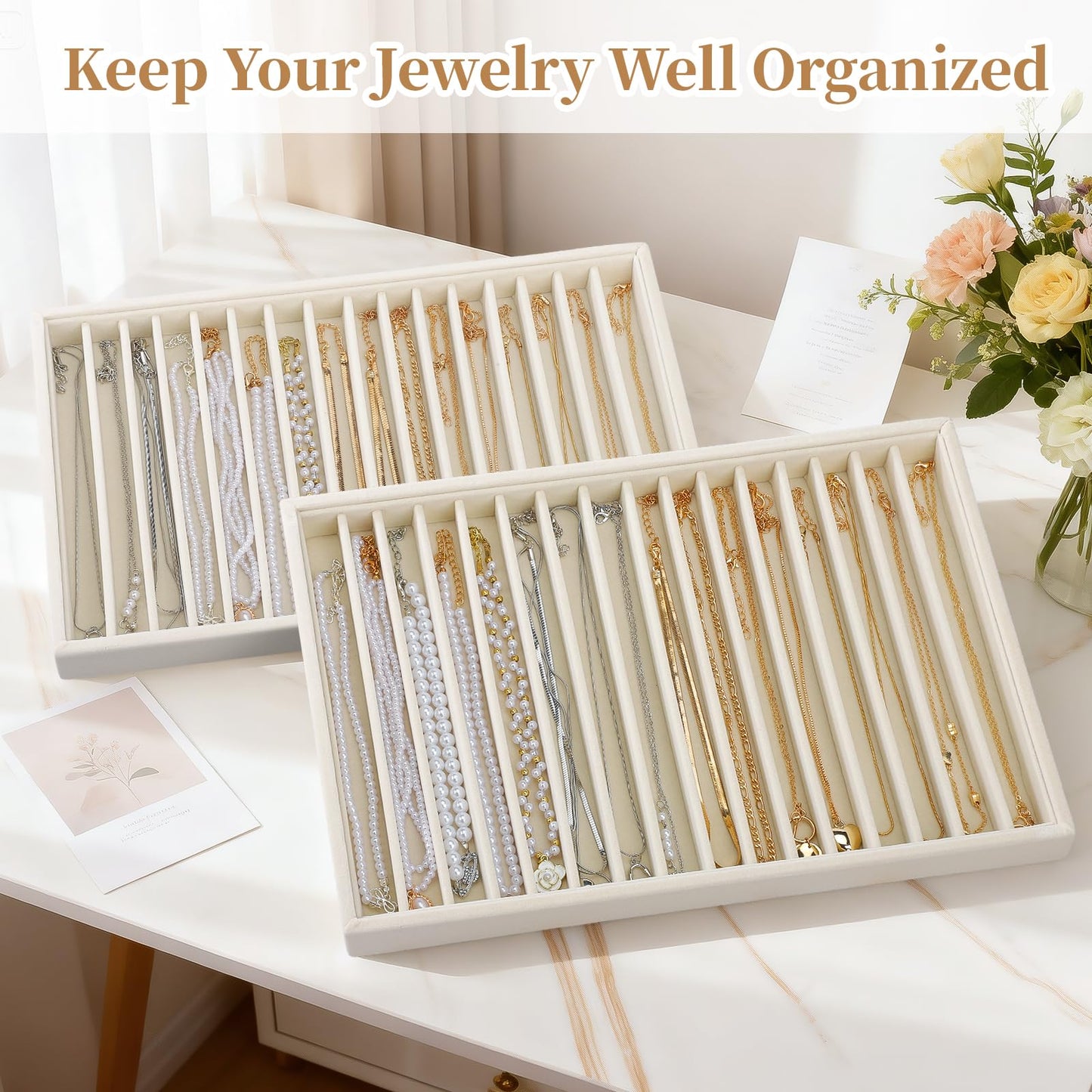 Ewen 2 Pack 16-Grid Stackable Jewelry Organizers and Storage Trays, Large Jewelry Organizer Drawers Inserts, 13.78x9.45x1.18in Beige Velvet Necklace Holder Display Case for Earrings Rings Organization