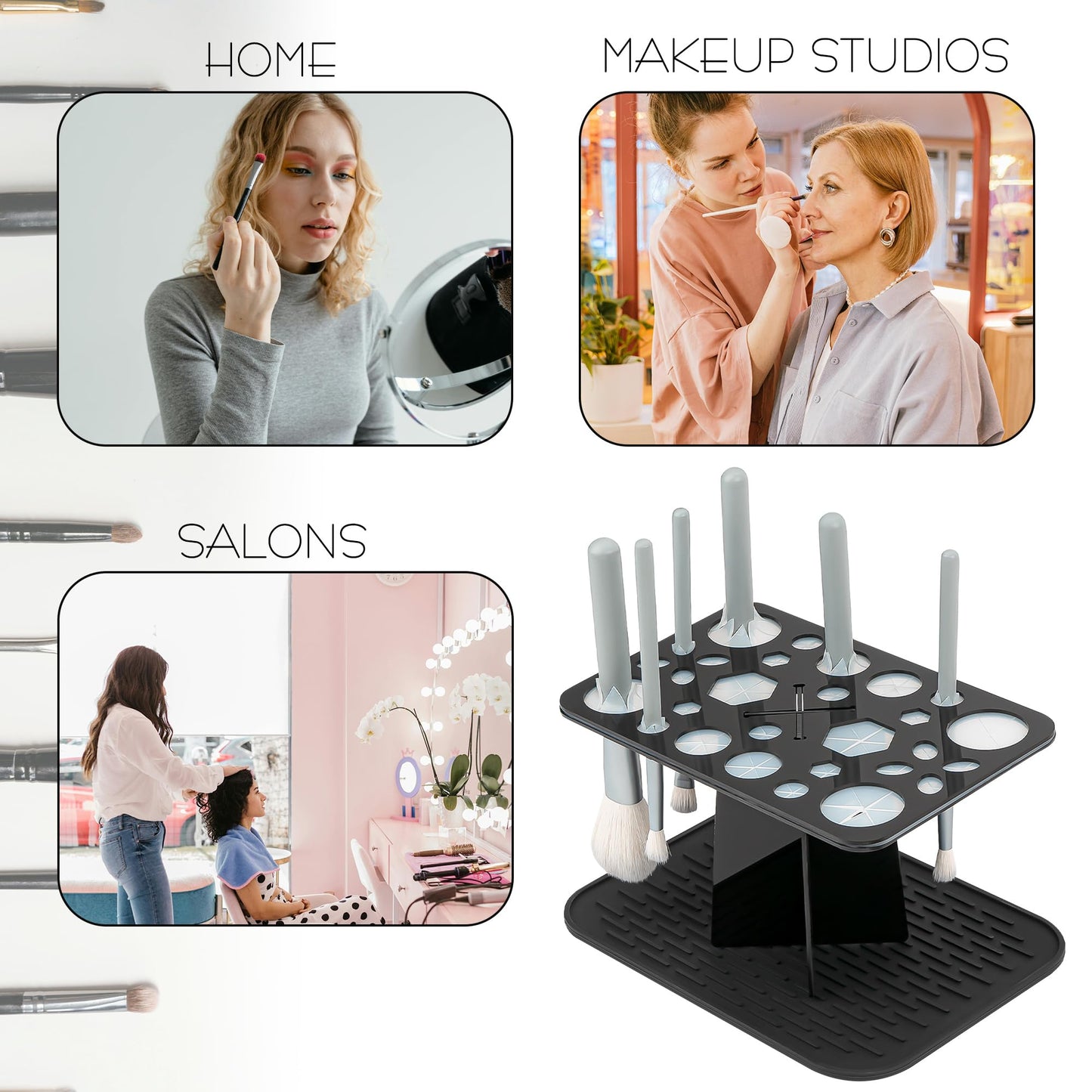 SHIDOW 28-Hole Makeup Brush Drying Rack with Silicone Drip Mat, Acrylic Upside-Down Brush Holder Organizer Stand, 1-Pack, Black