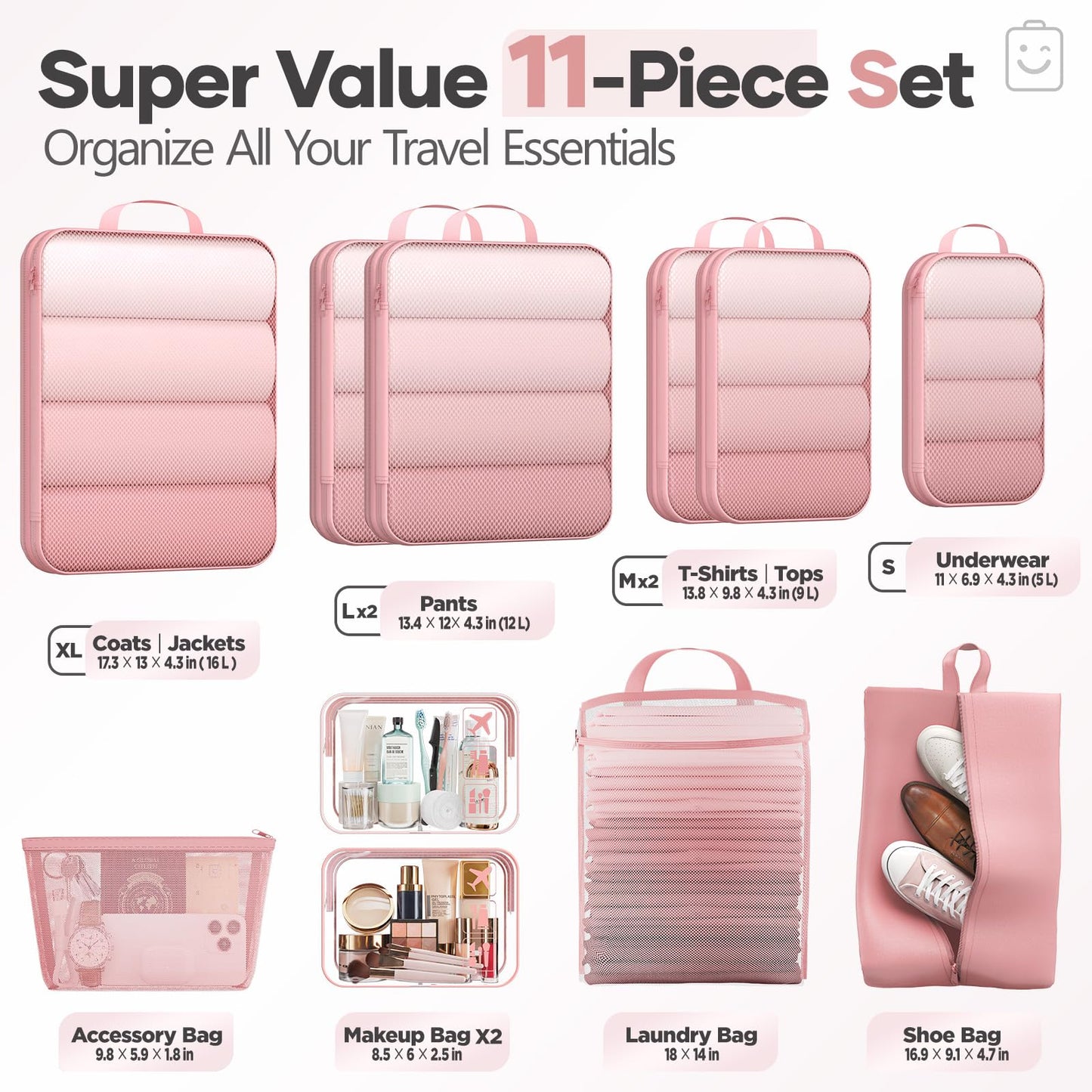 Veken 11-Pack Compression Packing Cubes for Travel Essentials,Compressible Expandable Large Luggage Suitcase Organizer Bags for Clothing,Durable Space Saver Bags with Toiletry Bags(Pink)