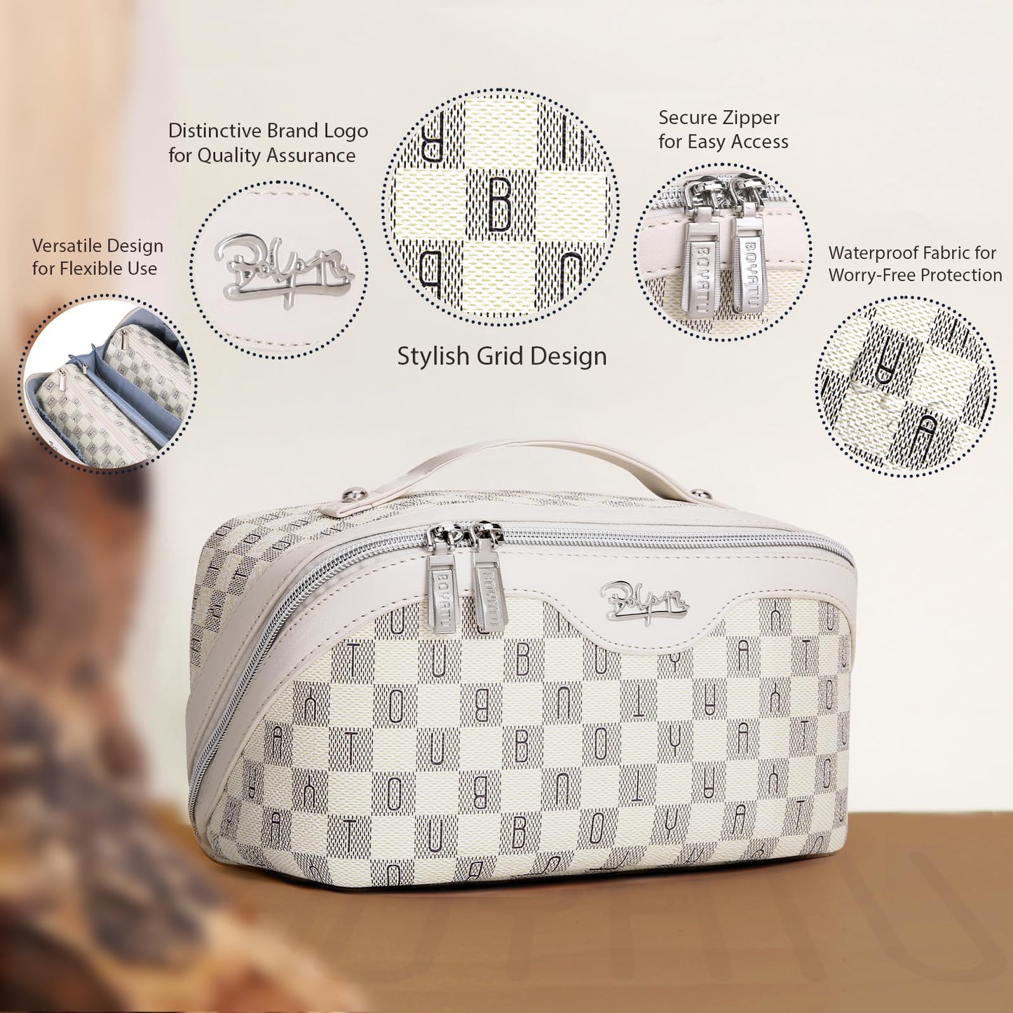 BOYATU Travel Makeup Bag Organizer Cosmetic Bag: 3 Pcs Set Make up Bags for Women with Handle - Waterproof Vegan Leather Toiletry Bags Travel Essentials Pouch with Compartments (H-03-White)