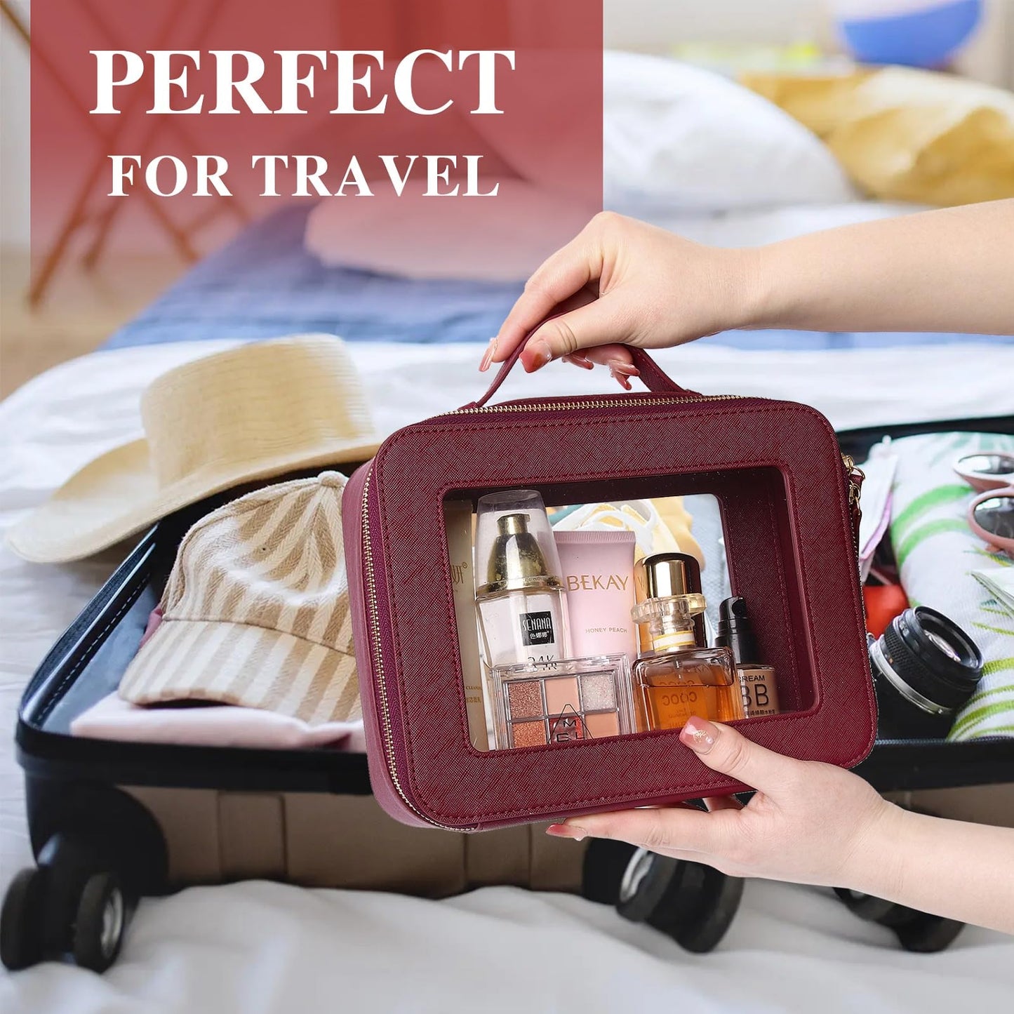 Pinkmik Clear Makeup Bag with Brush Bag 3pcs Waterproof Travel Case for Cosmetics and Toiletries Women's Makeup Organizer with Zipper (X/Burgundy, L+M+SLIM)