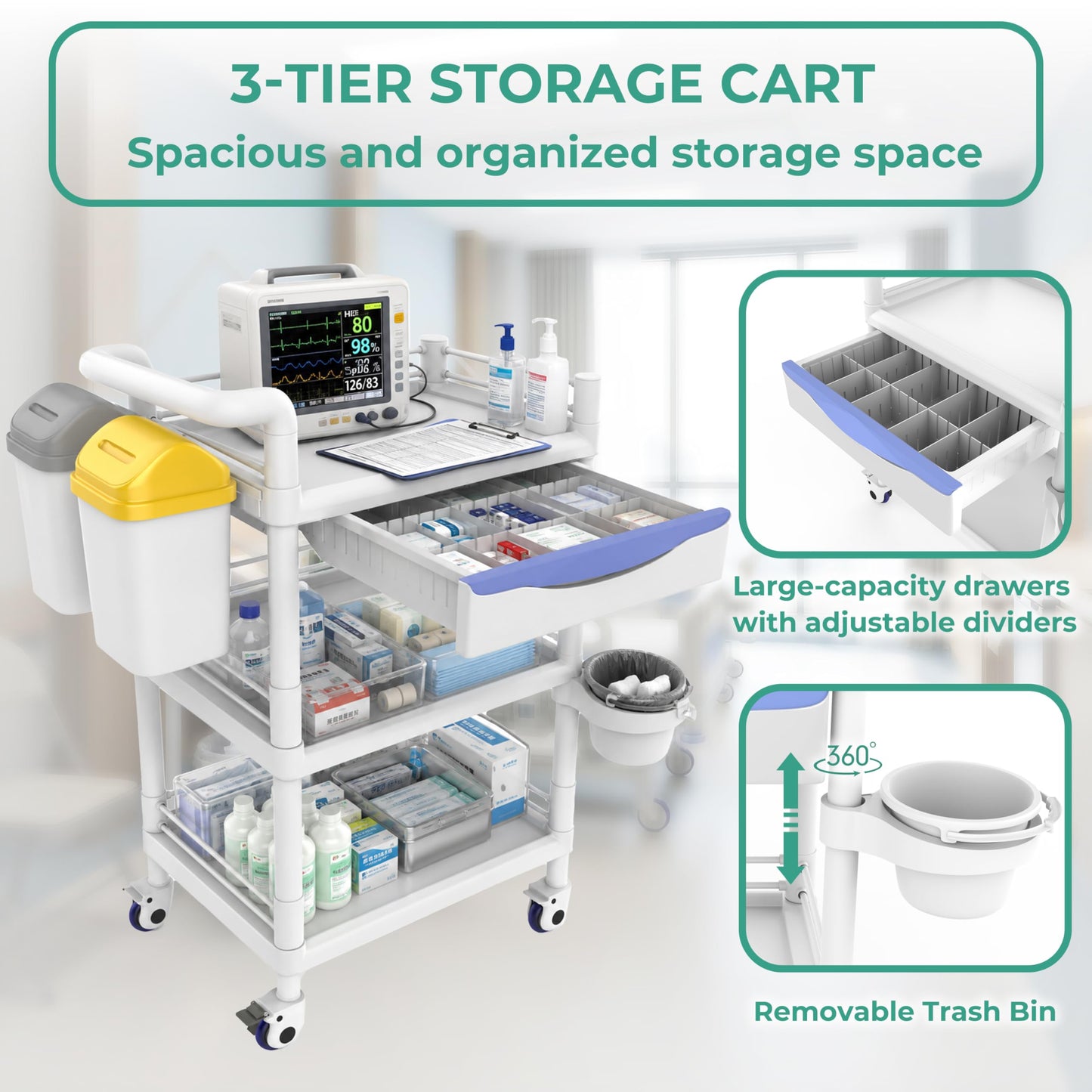 Bravique 3-Tier Workstation Cart with XL Divided Drawer & 2 Flip-Top Bins, Rolling Utility Cart for Clinics, Labs, Treatment Rooms, Spa & Salon, Quiet Lockable Wheels (3-Tier White)