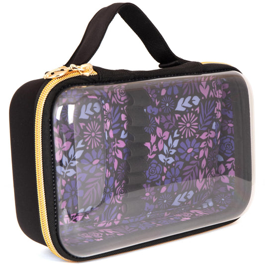 ZIPIT: Travel Makeup Bag - Black & Purple Flowers - Protective Hard Shell, Large Cosmetic Case, Transparent Zipper Lid, Handle, Toiletry Organizer