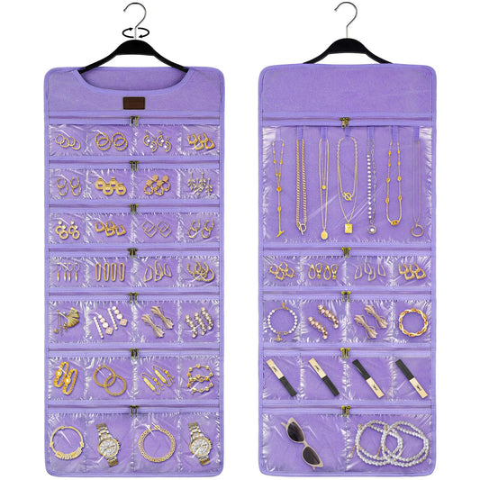 SMRITI Hanging Jewelry Organizer with Dual Zippered Pockets Canvas Double Sided Rotating Hanger Necklace Hanging Wall Organizer Earring Dustproof Holder Wall Mount Accessories Display Bag(Purple)