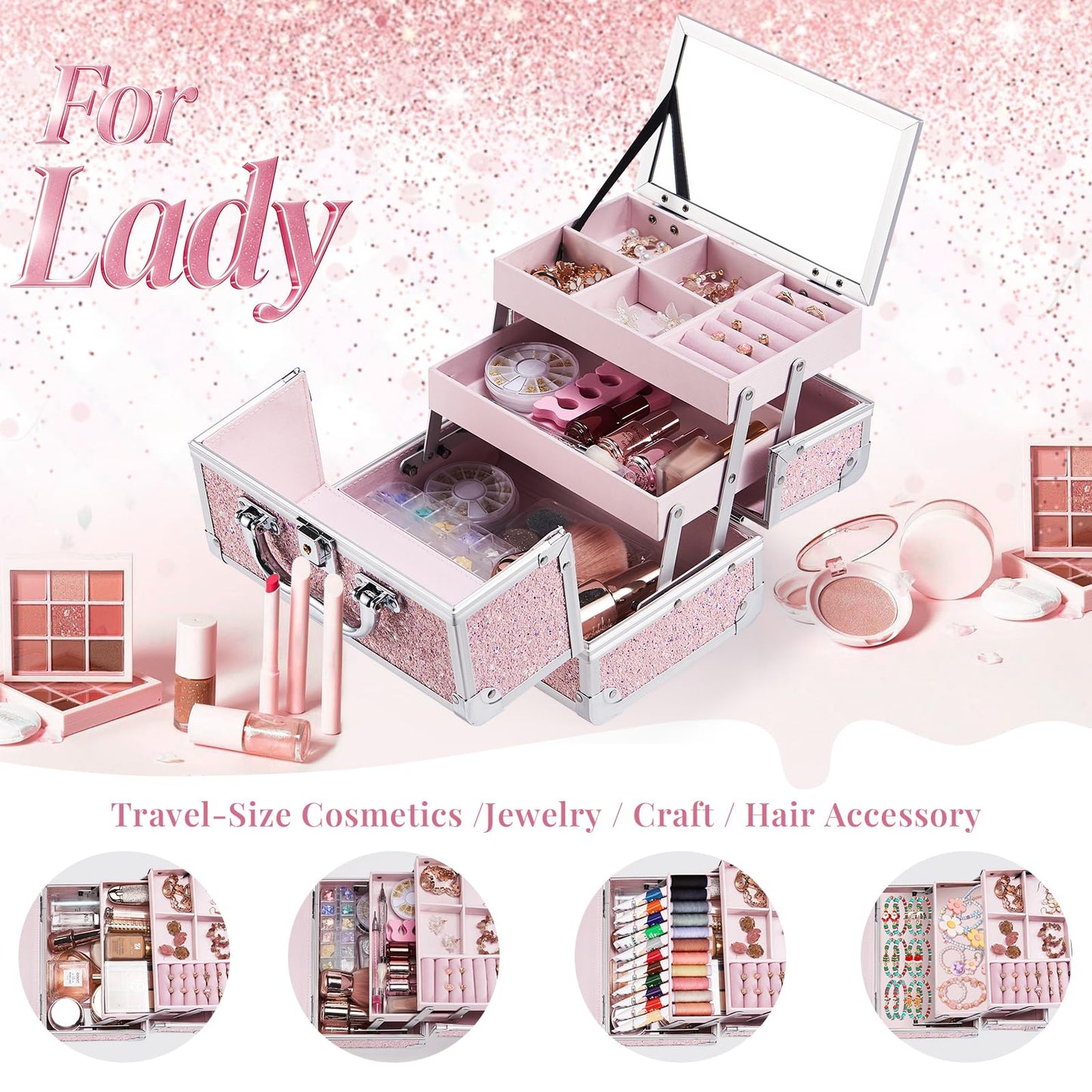 FRENESSA Makeup Case Organizer Portable Makeup Train Case Cosmetic Box with Mirror Jewerly Tray for Girls Nail Supplies Make Up Cases Organizers and Storage Kids Craft Case Pink