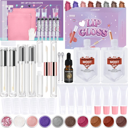 TSVATE Lip Gloss Making Kit, 58PCS DIY Lip Gloss Kit, Lipgloss Making Kit for Women, Beginner, Girls, Moisturizing Lipgloss Base Moist, Double-Ended Tubes, Jojoba Oil, Tween Girls Gift Trendy Stuff