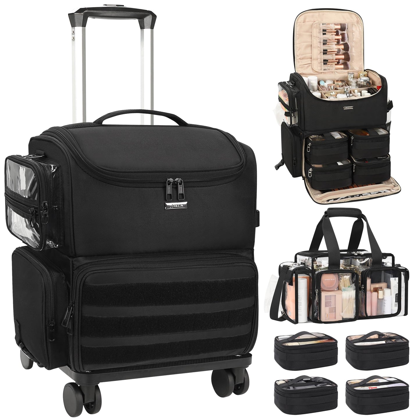 Relavel Rolling Makeup Train Case, Cosmetology Case on Wheels with 4 Clear Bags and Clear Makeup Bag, Professional Makeup Artist Set Bags Organizer with 360° Spinner Wheels
