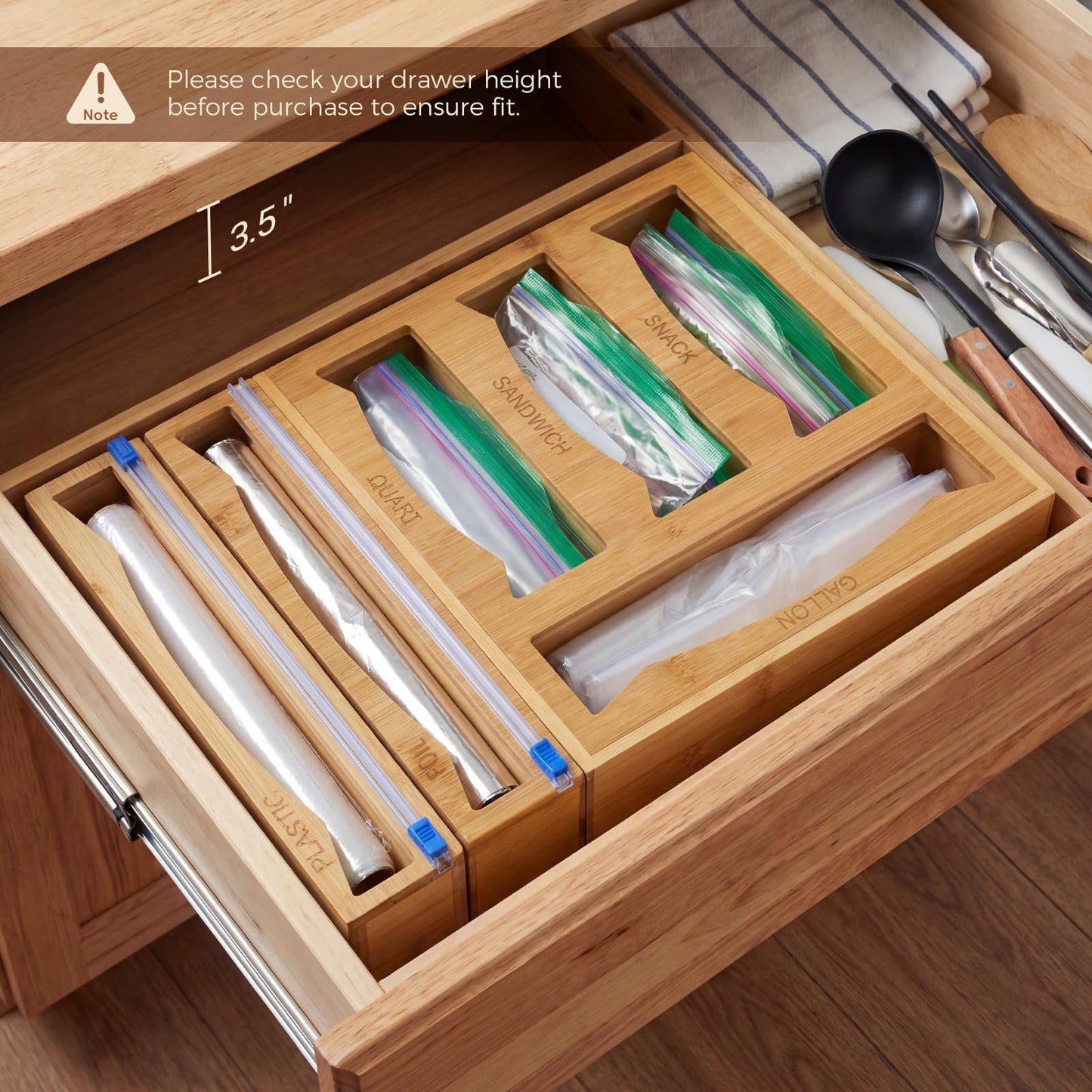 6 in 1 Storage Bag Organizer Kitchen Drawer, Bamboo Foil and Plastic Wrap Dispenser with Slider Cutter, Kitchen Bag Organizer for Quart, Gallon, Sandwich and Snack Bags