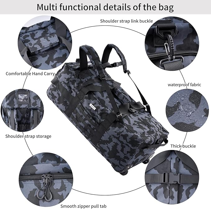 80L Waterproof Rolling Duffel Bag with Quick-Release Straps, Military Tactical Wheeled Foldable For Deployment Traveling Camping Sporting (Camouflage +Drawstring bag)