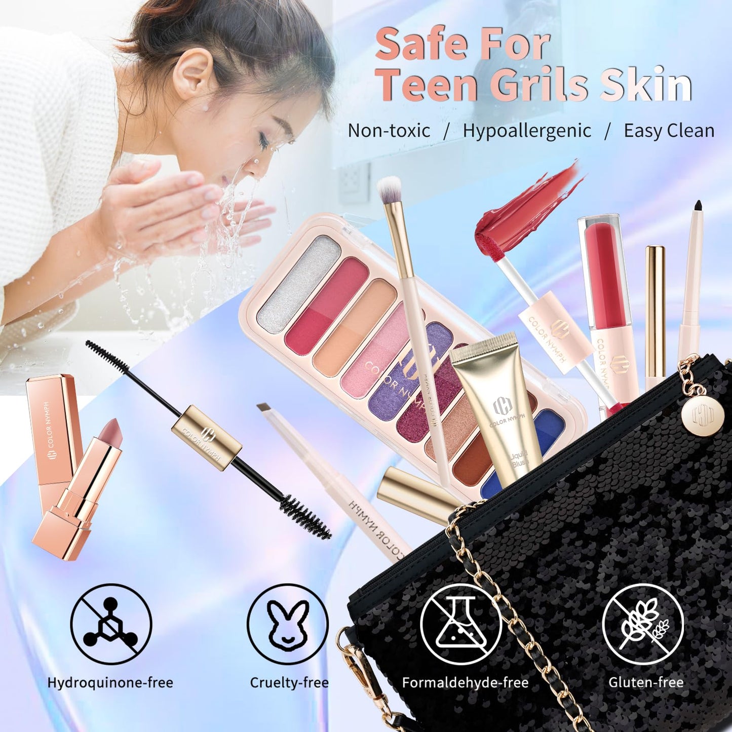 Color Nymph Makeup Kit for Women, Girls Beginner All In One Makeup Set with Sequin Bag, 9-Color Eyeshadow Palette, Lip Gloss, Eyeliner, Mascara - Orange Blue, Sparkling Party Wedding Evening Bag