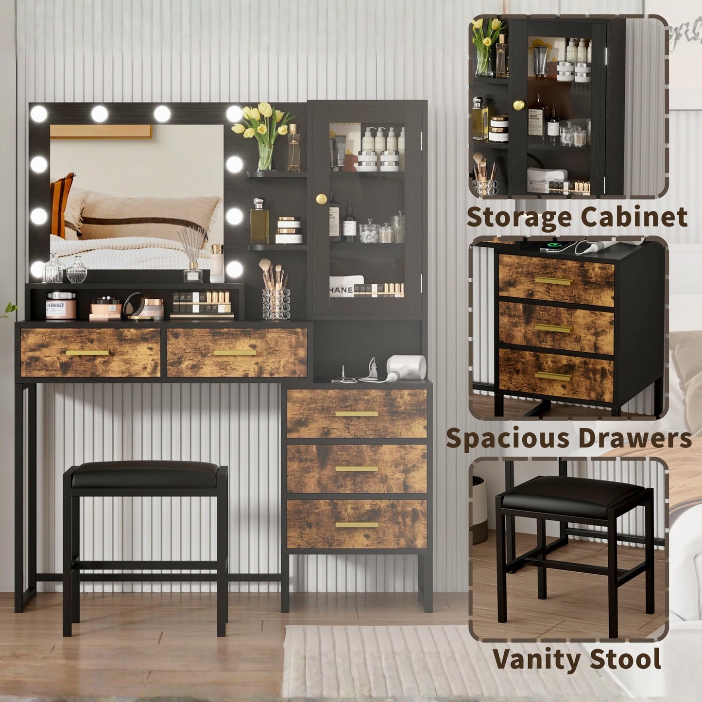 IDEALHOUSE Vanity Desk with Mirror and Lights, 43" Makeup Vanity Set with Stool, LED Lighted Mirror with 10 Bulbs, Drawers, Shelves & Charging Station, Dressing Table with Chair for Bedroom, Black