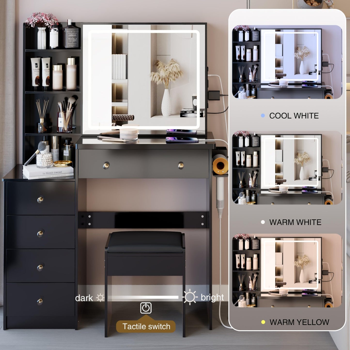 KEIKI Makeup Vanity Desk with Sliding Mirror and Lights, 37" Vanity Table Set with Charging Station, 5 Drawers & Hair Dryer Holder, Dressing Table with Storage Shelves and Cushioned Stool, Black