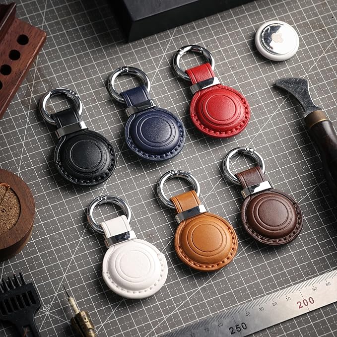 Genuine Leather Keychain Holder Compatible with AirTag - Secure Case Cover Key Ring Chain Fob Accessories Intended for Air Tag - Black (2 Pack)