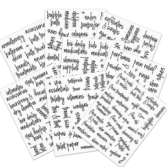 Fssqii 189 Preprinted Bathroom Labels, Waterproof Organizational Labels Stickers for Shampoo Hand Soap Makeup Bottles Storage Containers, Home/Hotel Black Script Clear Labels Set