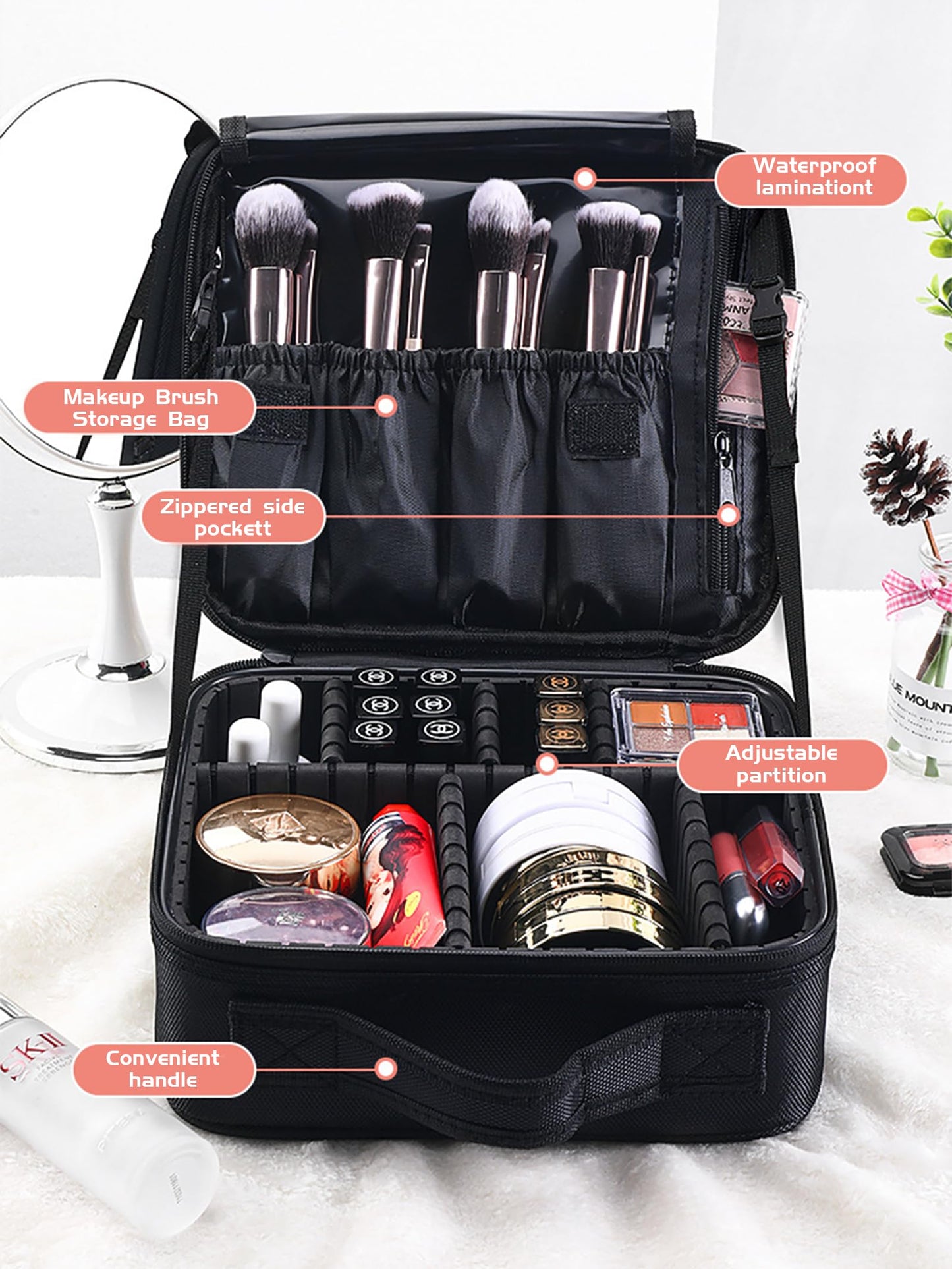 Makeup Bag with Mirror, Large-Capacity Free Partition Storage, Simple Travel Storage Box, Multi-Layer Fabric, Portable Travel Makeup Case, Multi-Purpose, Gift for Women