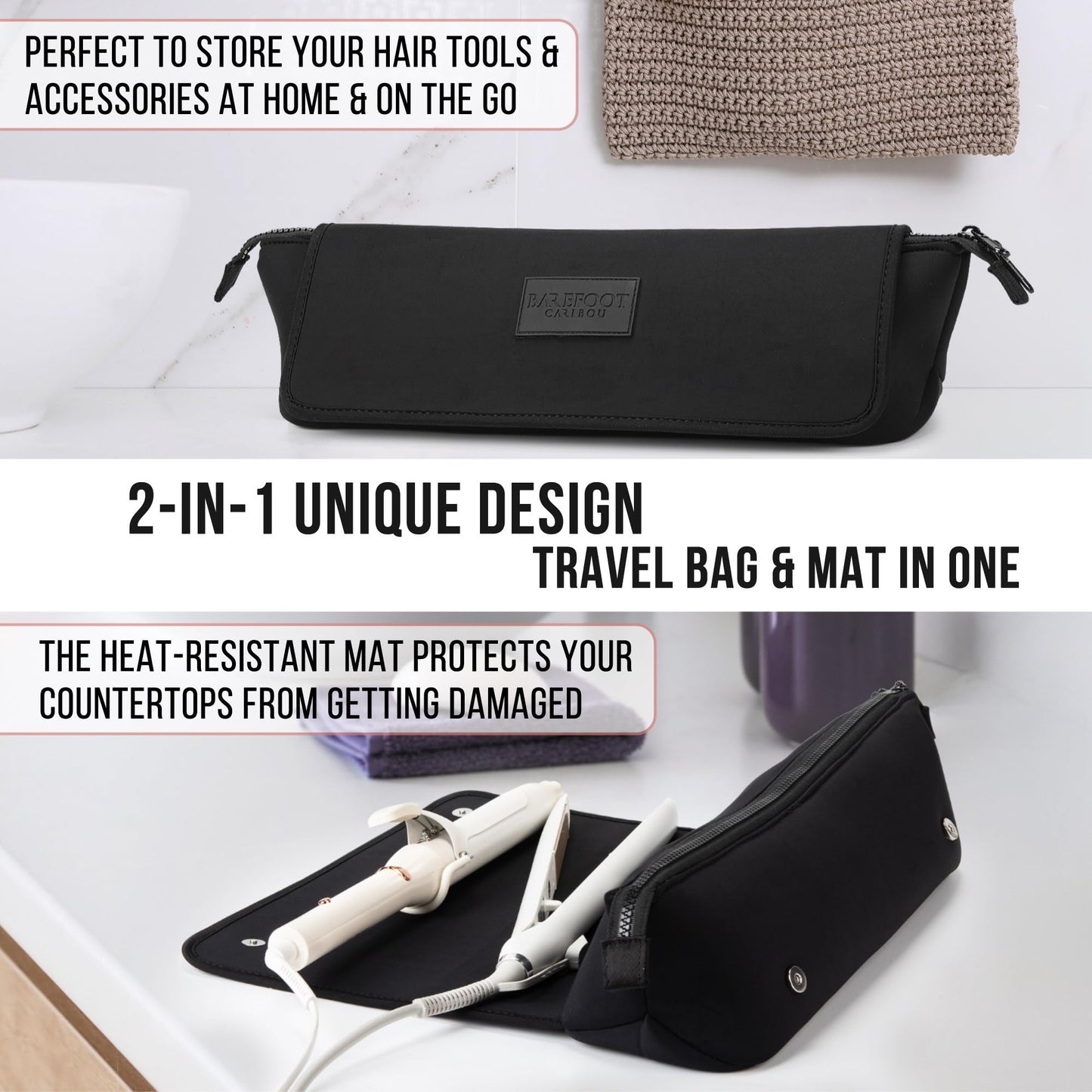 BAREFOOT CARIBOU Hair Tools Travel Bag and Heat Resistant Mat (15.5") for Flat Irons, Straighteners, Curling Iron, Haircare Accessories, 2-in-1 design, Interior Pockets, Portable Organizer (Black)