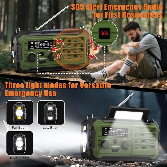 Emergency Radio Hand Crank Solar, 10000mAh/37000mWh Emergency Weather Radio, Hand Crank Solar Radios with NOAA/AM/FM, Rechargeable Headlamp, Thermal Blanket, Survival Bracelet, for Home & Outdoor