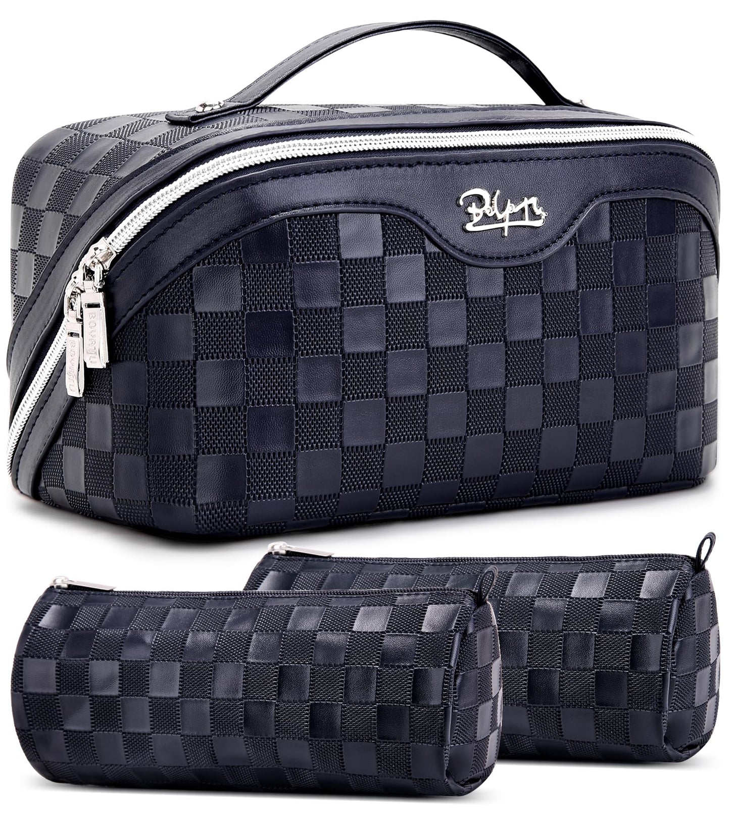 BOYATU Travel Makeup Bag Organizer: 3 Pcs Set Large Capacity Cosmetic Bags Holds 10–20 100ml Full-Size Bottles - 180°Open-Flat Make up Case 3-sec touch-up - Toiletry Bag Gift women (03-A-Dark Blue)