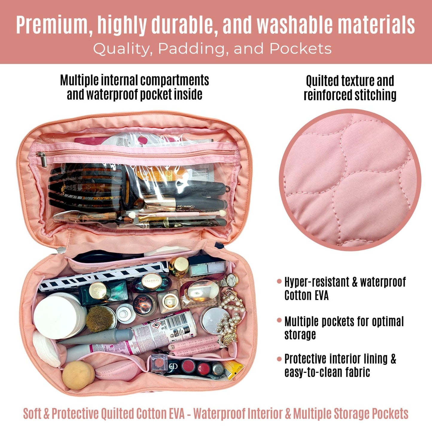 PINK PROTECT XL Quilted Makeup Bag Set of 2 - Extra Large Makeup Bag + Toiletry Bag for Women, Waterproof & Lightweight Cotton with Multiple Compartments, Perfect for Travel, Premium Stitching (Pink)