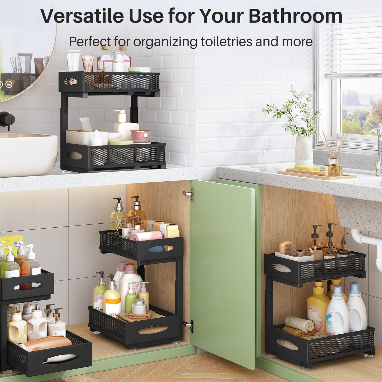 Under Sink Organizer, 2 Pack 2 Tier Pull out Cabinet Organizer Baskets with Mesh Sliding Drawers, Slide out Sink Storage Shelves for Home, Kitchen, Bathroom, Pantry, Office Organizers and Storag,Black